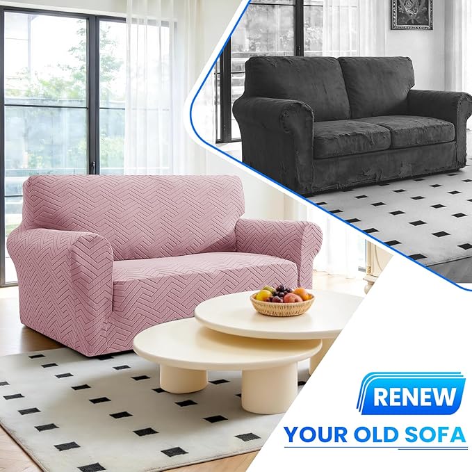 Stretch Sofa Slipcover 1 Piece Couch Sofa Cover,31"-46" Non Slip Soft Couch Sofa Cover Washable Furniture Protector with Non Skid Foam and Elastic Bottom for Kids, Pets,Pink