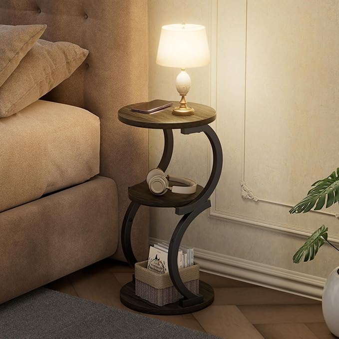 JUSTOGO Small Round Side Table, 3-Tier End Table for Living Room, Vintage Nightstand for Small Spaces Sofa Couch Corner Bedside Bedroom, S-Shaped Wood Accent Table Matel Coffee Table, Charcoal Grey