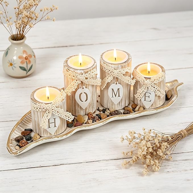 Wooden Candle Holders Centerpieces for Living Room Coffee Table Decorations,Farmhouse Table Decor Tealight Candles Holders with Rustic Tray,Candlesticks for Home Decoration Fireplace Kitchen (Leaf)
