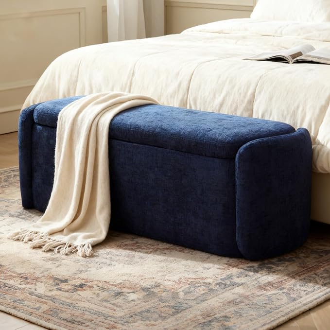 VKNOW 46" Oval Storage Ottoman Bench, Upholstered End of Bed Bench Ottomans Bench Foot Rest, Sherpa Storage Bench for Bedroom, Living Room and Hallway, Navy