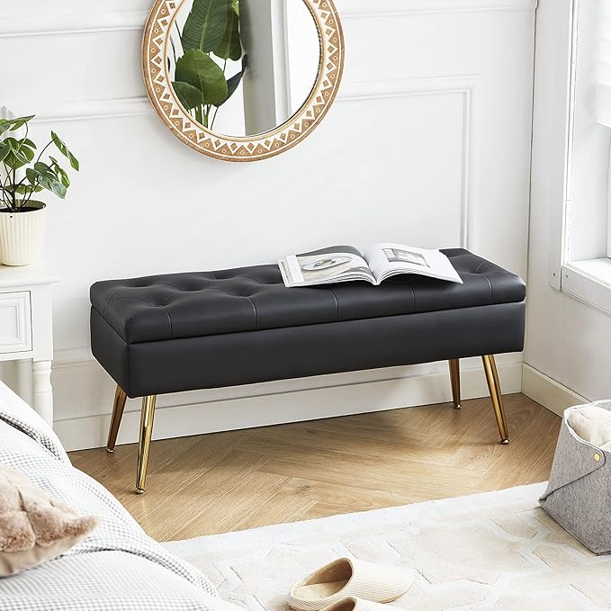 Black Bench for Bedroom Storage Ottoman Bench with Storage for End of Bed Entryway Faux Leather Black