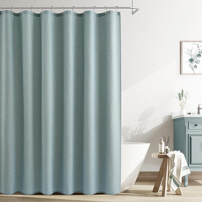 Naturoom Light Blue Linen Shower Curtain, Country Boho Farmhouse Bath Decor Shower Curtains Neutral Cloth Weighted Textured Fabric Bath Curtain Liner with Hooks, 72x84