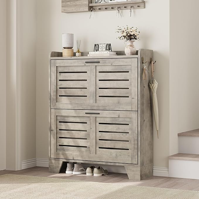 Garvee Shoe Storage Cabinet with 2 Flip Drawers, Freestanding Shoe Organizer Storage for Entryway with 2 Side Hooks, Farmhouse Hidden Slim Narrow Shoe Rack Cabinet, Gray