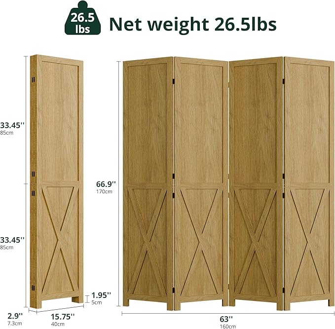 Cozy Castle 4 Panel Folding Room Divider, Solid Wood Privacy Screen, Freestanding Partition Wall, Temporary Wall for Home/Office/Bedroom/Restaurant, Natural