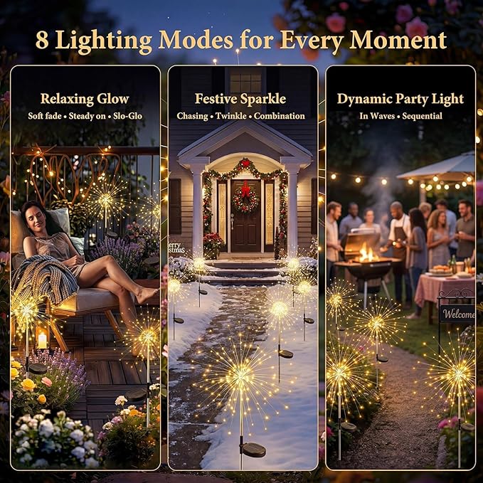 Solar Firework Lights Outdoor 4 Pack, 120LED Solar Starburst Garden Lights with 8 Modes, Waterproof Decorative Sparkle Light for Backyard, Garden, Patio & Lawn Landscape - Gifts for Women Mom