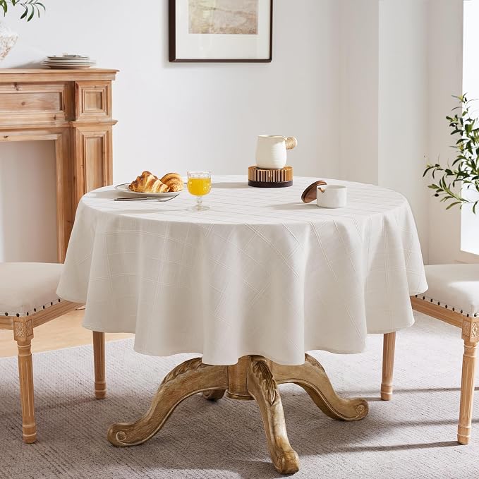 ZeeMart Linen Checked Table Cloth 60 Inches Round, Farmhouse Style Plaid Embroidered Off White Water Resistant Table Cover, Ivory