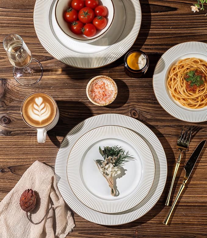 GBHOME Ceramic Dinnerware Sets,16 pcs Embossed Elegant Stoneware Plates and Bowls Sets, Housewarming Wedding Gift | Dishwasher & Microwave Safe | Dishes Set Service for 4