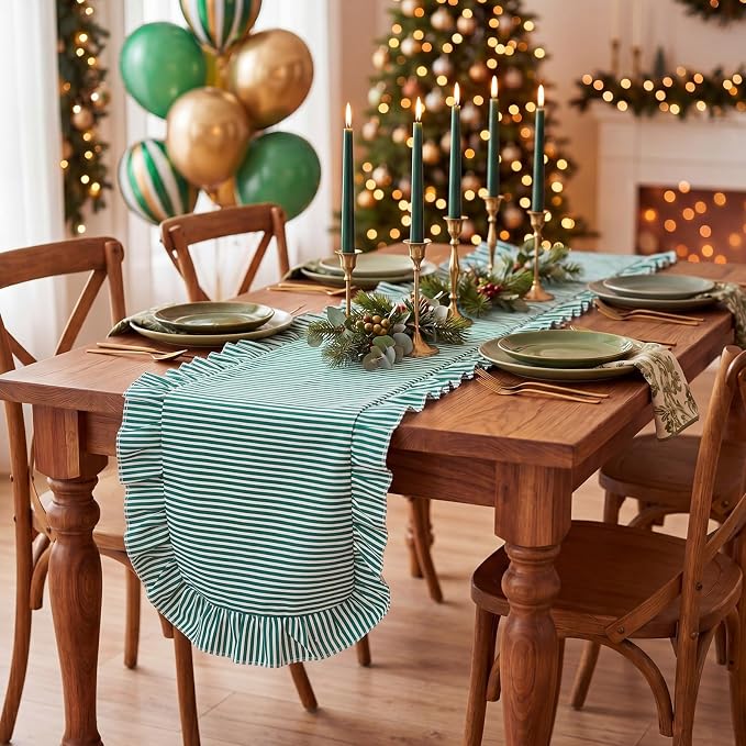 Christmas Green Stripe Ruffled Table Runner 72 Inches Long Scalloped Table Runner Rustic Cotton Tabletop Farmhouse Decor for Baby Shower Bride Shower Birthday Party Holiday Wedding