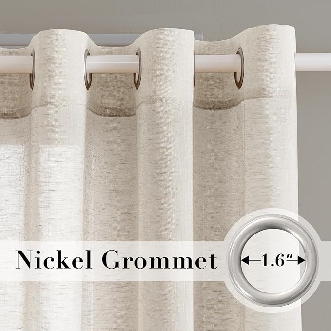 H.VERSAILTEX Linen Curtains Flax Linen Blended Curtain Panels for Living Room/Bedroom Semi Sheer Privacy Curtains 108 inch Length 2 Panels Set Nickel Grommet Window Drapes, Natural