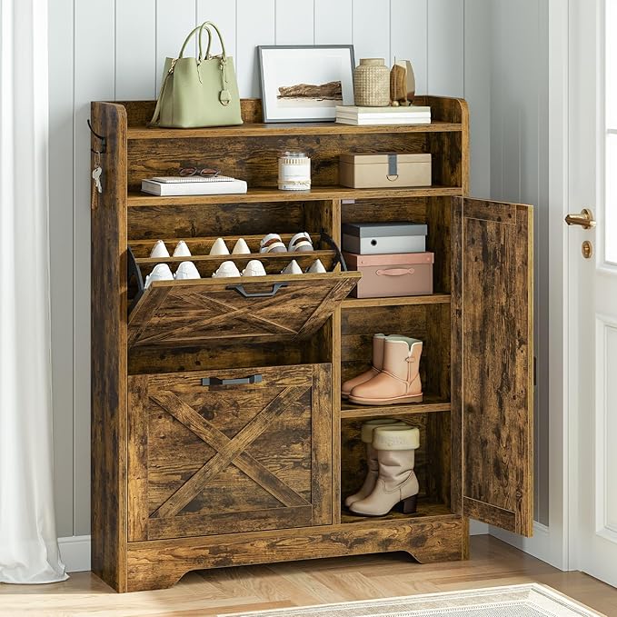 HOOBRO Slim Shoe Cabinet with 2 Flip Drawers & Side Storage, Narrow Shoe Storage Cabinet for Entryway, Wooden Shoe Organizer for Small Spaces, Adjustable Shelves, Rustic Brown FG90SC01US