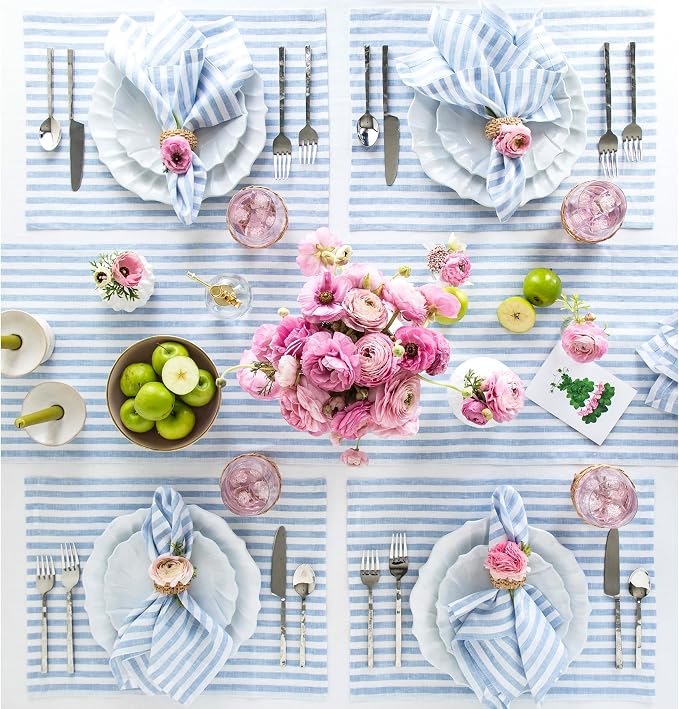Solino Home Linen Table Runner 72 Inches Long - Amalfi Stripe, 100% Pure Linen Sky Blue and White Table Runner 14 x 72 Inch for Dining, Dresser, Summer