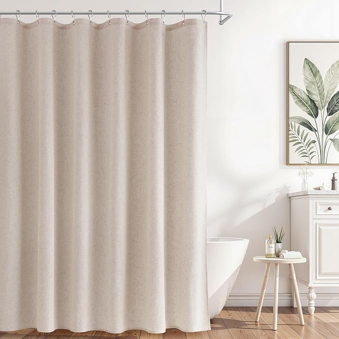 Naturoom Extra Long Linen Shower Curtain 84 Inch Long for Bathroom Shower Curtains Set with Hooks Boho Farmhouse Fabric Neutral Cloth Modern Cottage Core Waterproof,Cream Beige