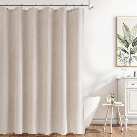 Naturoom Extra Long Linen Shower Curtain 84 Inch Long for Bathroom Shower Curtains Set with Hooks Boho Farmhouse Fabric Neutral Cloth Modern Cottage Core Waterproof,Cream Beige
