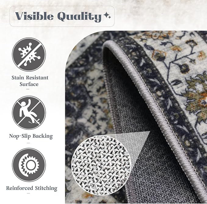 Area Rug 5x7 Washable Rug, Vintage Boho Medallion Rugs Non-Slip Soft Low Pile Large Distressed Rug Indoor Retro Carpet for Living Room Bedroom Dining Room Home Office (Vintage Black, 5'x7')