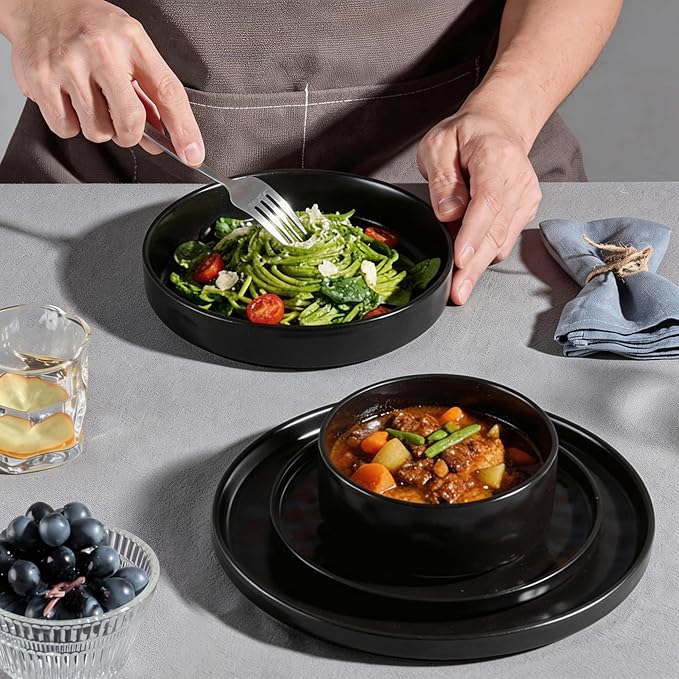 E-far 24-Piece Black Plates and Bowls Sets with Pasta Bowls - Stoneware Dinnerware Set for 6, Modern Ribbed Matte Black Kitchen Dishes, Microwave & Dishwasher Safe