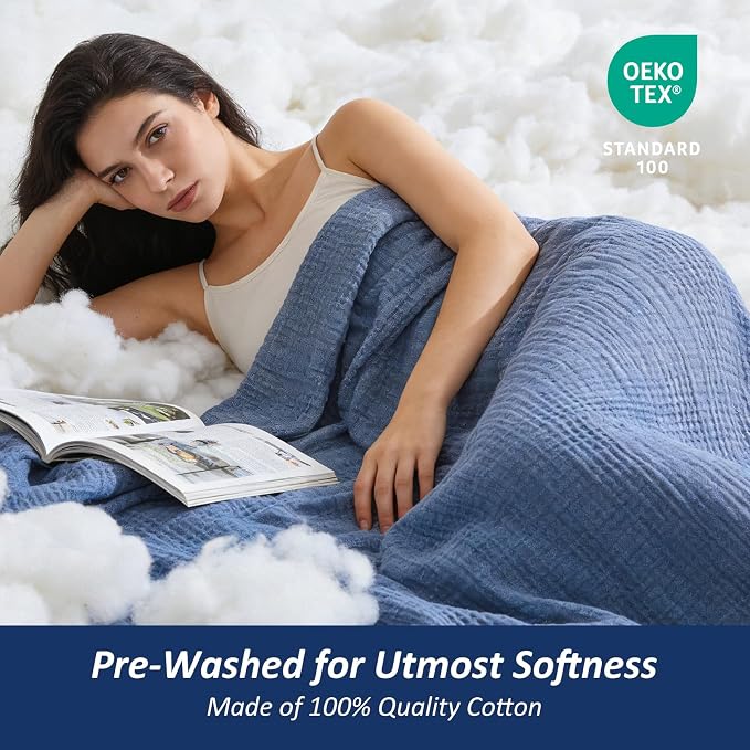 EMME Cotton Muslin Queen Blanket Bed Layering Bedspread Coverlet Breathable Gauze Soft Lightweight Adults (Heather Navy, 90"x90")