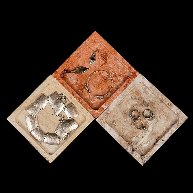 Natural Travertine Marble Square Jewelry Tray, 4.9" – Decorative Stone Accessory Dish for Rings, Earrings, Necklaces, Perfume and Keys, Gift for Women (Red)