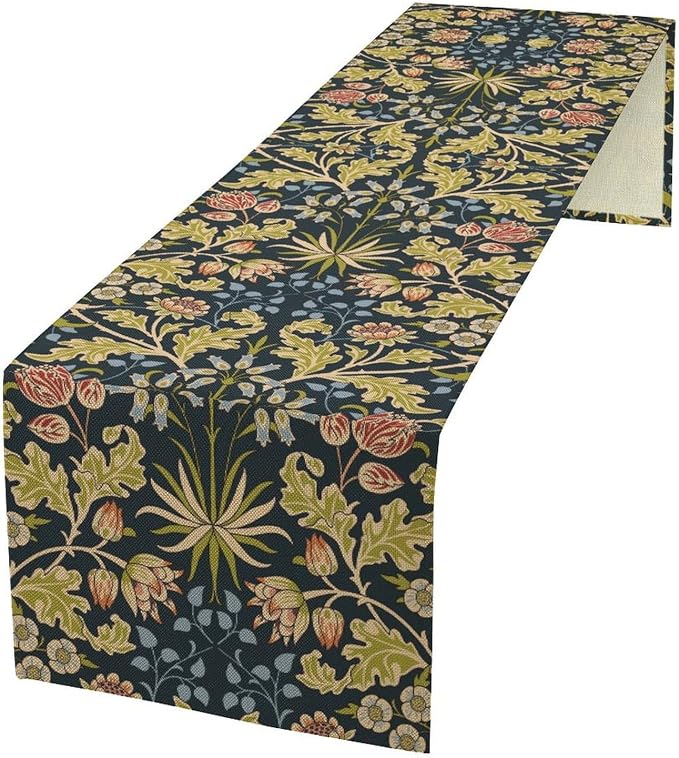 Vintage Floral Table Runner, William Morris Colorful Boho Watercolor Flower Retro Botanical Plant Dinner Runner for Home Kitchen Dining Table Decoration 13x70 Inch