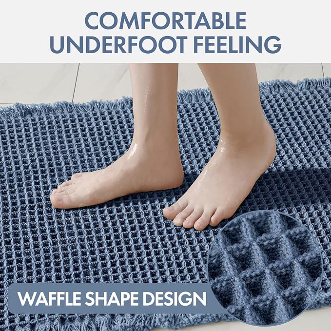 MIULEE Waffle Bathroom Runner Rugs, Super Absorbent Non Slip Bath Rug, Upgraded Soft Quick Dry Washable Boho Long Bath Mat with Tassels for Hallway Laundry Room Bedroom, 17"x48", Blue