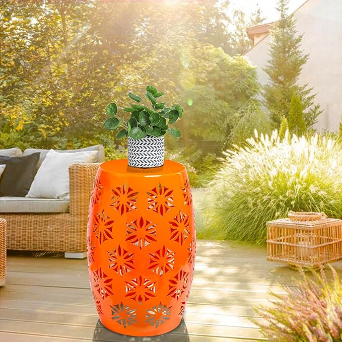 Vipush Outdoor Lace Cut Iron Side Table, Patio Garden Stool Coffee End Table Nightstand for Small Spaces, Living Room, Front Porch, Poolside, Orange