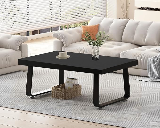 HSH Black Modern Coffee Table, Rustic Wood and Metal Center Table, Farmhouse Simple Living Room Coffee Tables, Industrial Minimalist Wooden Tea Coffee Table for Bedroom Home Office, Black Oak, 39 in