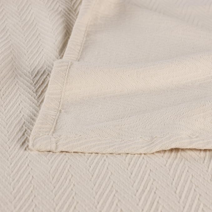 Superior Metro All-Season Cotton Blanket, Woven Blanket for Couch, Bed, Bedding, Farmhouse, Home Essentials, Cute and Cozy Bohemian Blankets, Herringbone Weave, Throw Size, Ivory