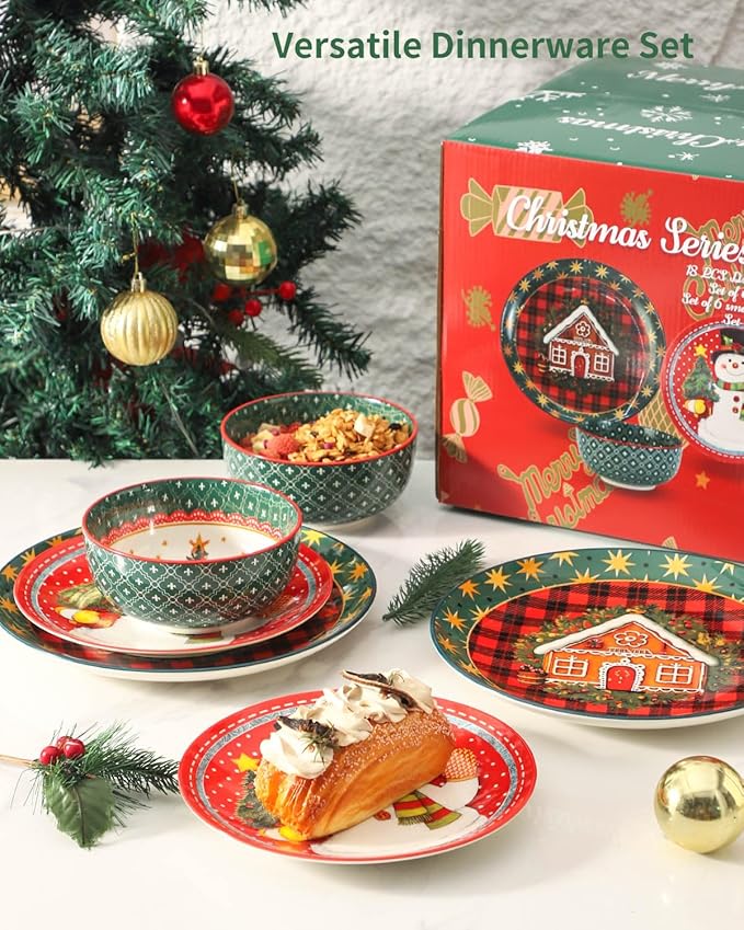 HASENSE 18 Pieces Dinnerware Sets for 6, Christmas Plates and Bowls Set for Valentie's Day, Ceramic Chip Resistant Tableware Dishes Set, Scratch Resistant Microwave and Dishwasher Safe, Multicolor
