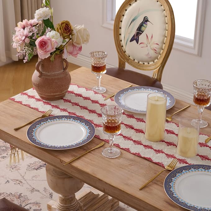 Fancy Homi Red Boho Cotton Polyester Table Runner 72 Inches Long, Farmhouse Macrame Table Runners with Tassels for Home Party Bohemian Rustic Bridal Shower Kitchen Dining Decor 12x72 Inches