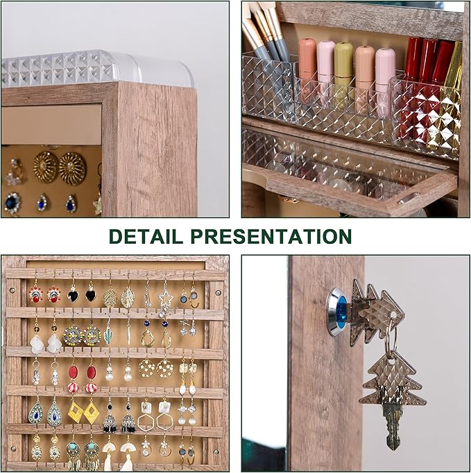 HNEBC LED Mirror Jewelry Cabinet,47.2" Wall Mounted Jewelry Organizer with Full-Length Mirror,Over The Door Hanging Jewelry Armoire Storage Cabinet,Folding Dresser,2 Drawers,Lockable, 3 Shelves(Wood)