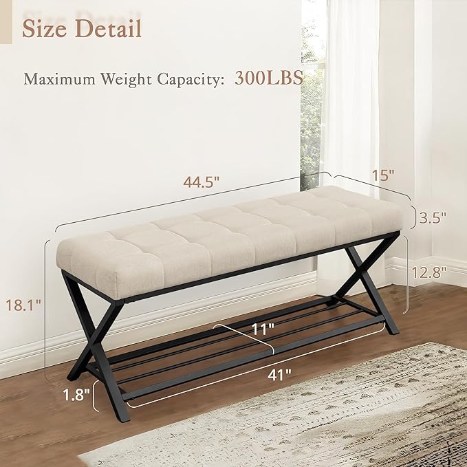 LUE BONA 44.5” End of Bed Bench with Shelf, Linen Tufted Upholstered Storage Shoe Bench, Modern Bedroom Bench with Metal Legs for Living Room, Entryway, Dining Room, 300 LB, Linen Color