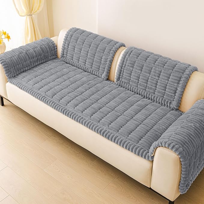 hyha Couch Cover for Dogs Washable, Non Slip Thick Flannel Sofa Protector, Pet Friendly Plush Furniture Cover for Sectional Sofa & Loveseat (Grey, 27.6" x 88")