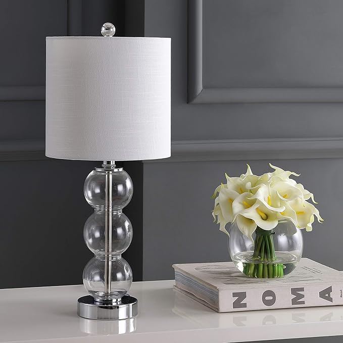 JONATHAN Y 21" Clear/Chrome Glass Table Lamp for Bedroom and Living Room, White Linen Shade, Modern Stacked Sphere Bedside Lamp, LED Bulb Included (JYL1021D)