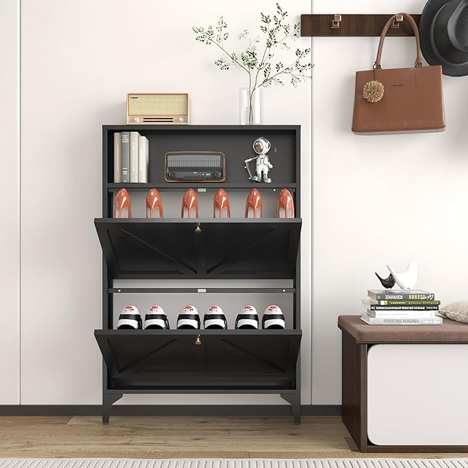 Farmhouse Shoe Storage Cabinet with 2 Flip Drawers, Slim Shoe Cabinets and Barn Door Design, Modern Hidden Slim Narrow Shoe Rack Cabinet for Foyer, Front Door,Living Room,Hallway, Black