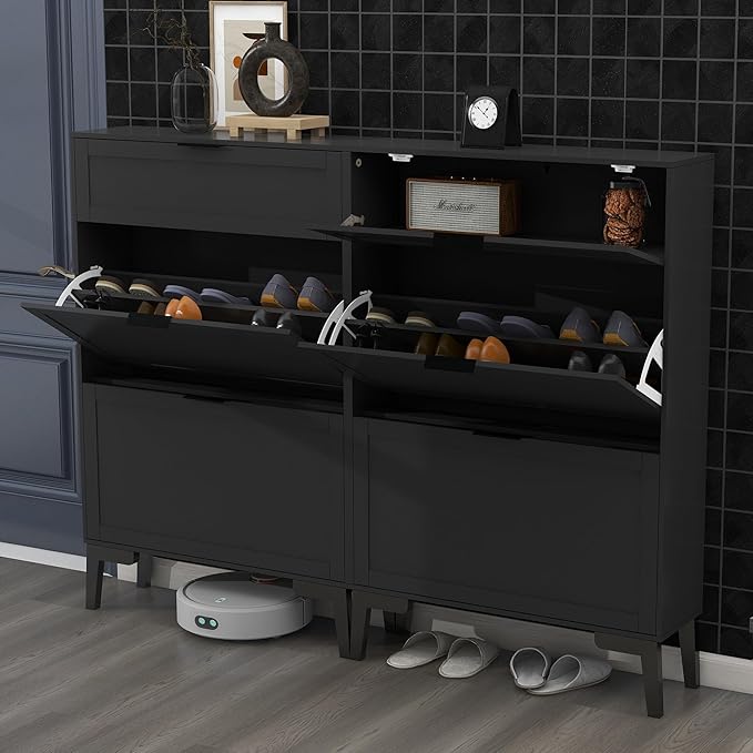 TaoHFE Modern Shoe Cabinet for Entryway - Black Wooden Hidden Shoe Cabinet - Narrow Free Standing 3 Tier Rack