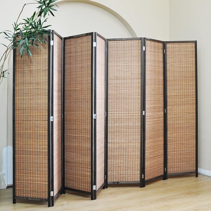 Furnnylane 7 Panel Bamboo Room Divider - 5.6 ft Tall Folding Privacy Screen, Natural Brown Freestanding Partition Wall for Home Office & Room Separation (67" H x 107.5" W)