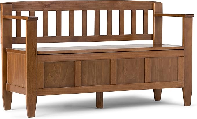 SIMPLIHOME Brooklyn Entryway Storage Bench - 48 inch Wide Solid Wood Hallway Bench in Medium Saddle Brown, Contemporary Mudroom Bench for Entry or Foyer with Lift-Up Lid and Spacious Hidden Storage