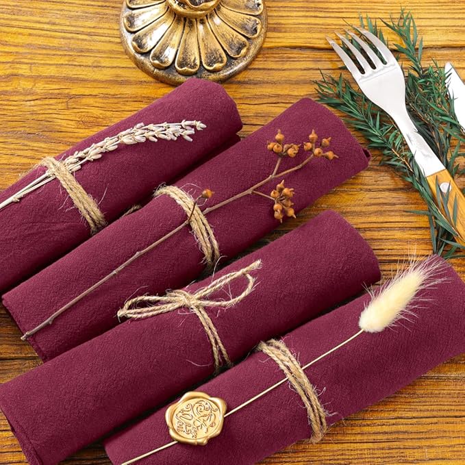 Socomi Cloth Napkins Burgundy Summer Washable Reusable Bulk Linen Cotton Napkins Set of 4 17"x17" for Wedding Party Bridal Baby Shower Birthday Dining Table Decorations