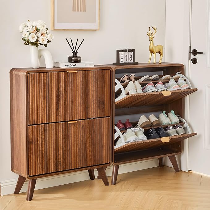 RARZOE Set of 2 Fluted Shoe Storage Cabinets for Entryway, Narrow Curved Shoe Cabinet with 2 Flip Drawers, Freestanding Wood Hidden Shoe Organizer Closed Shoe Rack Cabinet for Foyer,Hallway (Walnut)