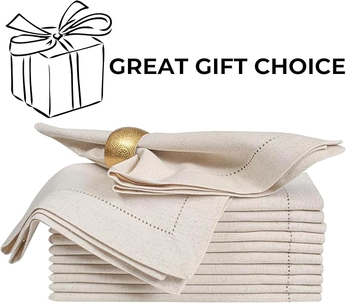 Bedding Craft Linen Flax Cotton Cloth Napkins 18x18 Set of 24 – Natural Hemstitched Corners – Machine Washable Fabric Napkins for Dinner, Weddings, Baby Showers & Everyday Table Settings