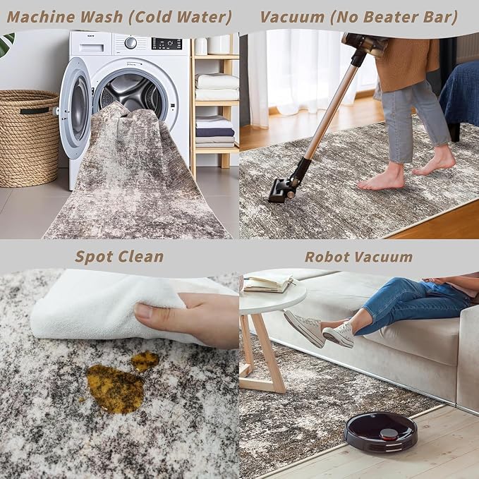 2x12 ft Washable Hallway Runner Rug – Non-Slip Stain-Resistant Low-Pile Long Carpet Runner for Kitchen Entryway Living Room Bedroom Bathroom, Modern Abstract Neutral (Brown Beige,2x12)