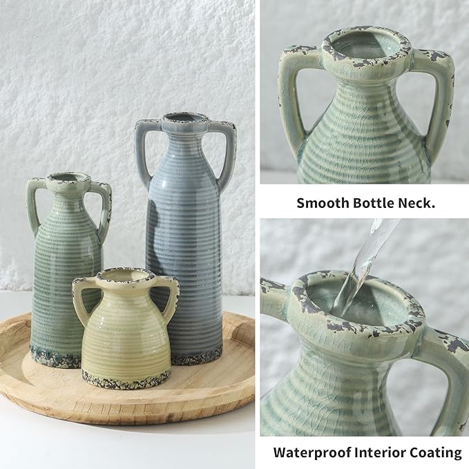 Ceramic Vase Set of 3 - Farmhouse Vase Set for Modern Decoration, Rustic Crackle Round Vases for Home Decor, Dining Table, Living Room, Kitchen, Office, Shelf - Multicolor