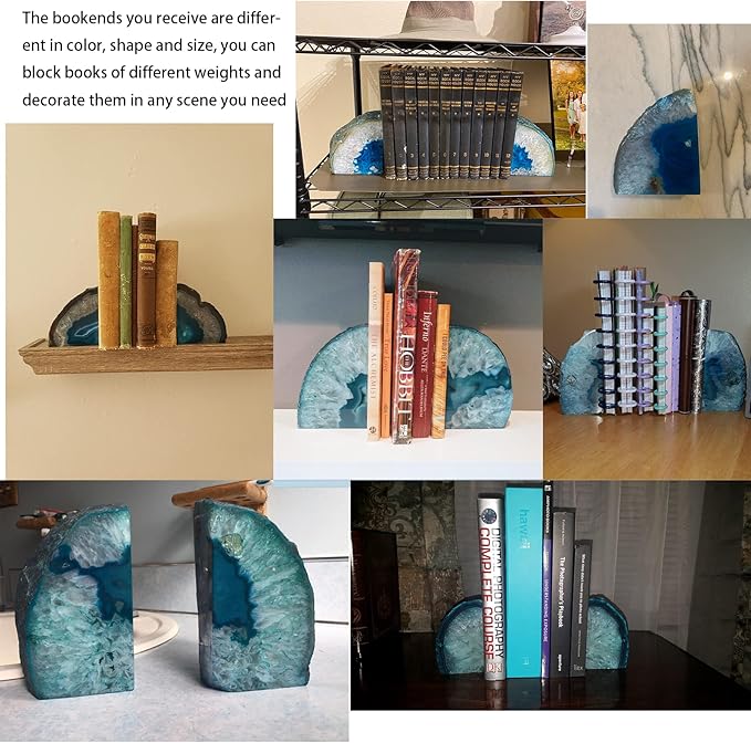 JIC Gem Crystal Bookends for Shelves Teal Agate Bookends Geode Book Ends to Hold Books Heavy Duty Bookends with Rubber Bumpers for Decoration(1 Pair, 6 to 8 Lbs)