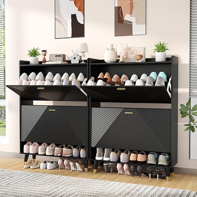 Shoe Cabinet Storage for Entryway: 65" Black Narrow Shoe Organizer Cabinet with 4 Flip Drawers, Modern Hidden Shoes Rack for Front Door Entrance (Black, 4 Drawers)