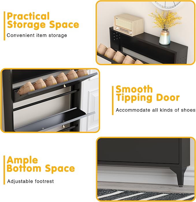 Shoe Storage Cabinet with 3 Flip Drawers, Freestanding Hidden Slim Narrow Shoe Rack Cabinet for Entryway, Metal Modern Shoe Cabinets for Foyer, Front Door,Living Room,Hallway, Black
