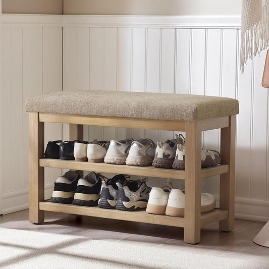 Zihanhome 2 Tier Shoe Rack Bench with Cushion, Solid Wood Shoe Benches, Mid-Century Modern Shoe Storage Bench for Entryway, Hallway, Living Room, Closet, Front Door Entrance, (Brown, 31.5")