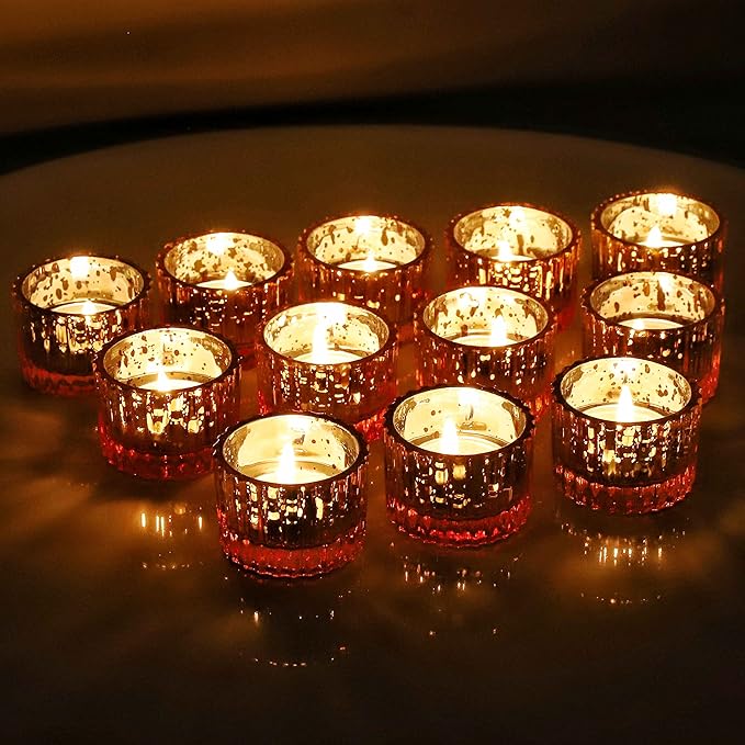 VOHO 24pcs Gold Votive Candle Holders for Christmas Decorations, Tea Lights Candle Holder Gold Centerpieces for Table, Small Ribbed Candle Holder for Tea Lights Candles(2'' x 1.4'')