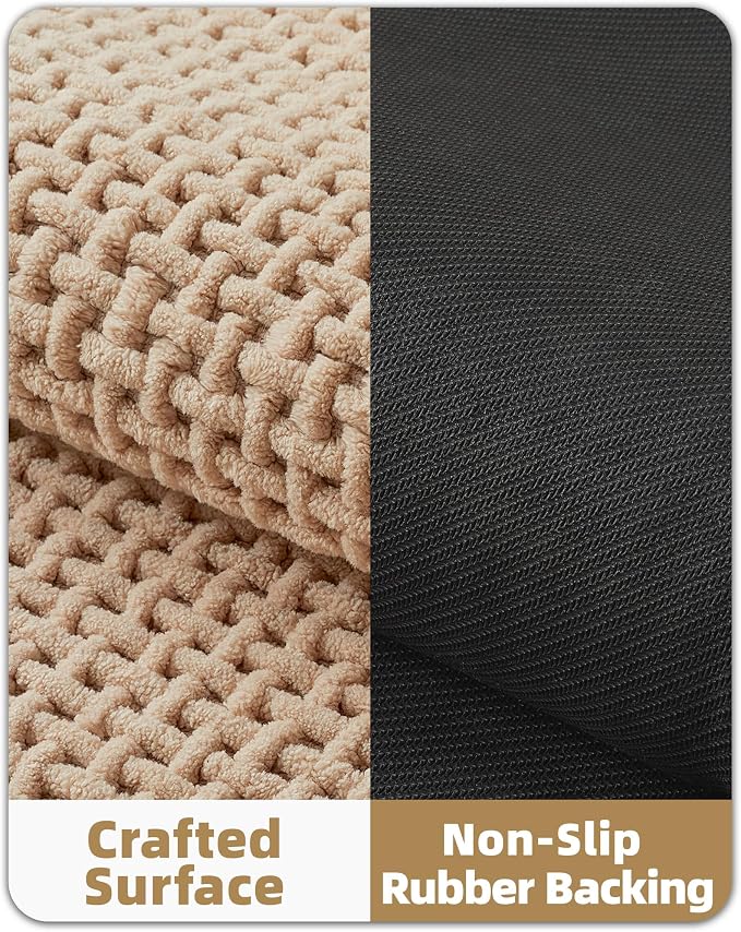 Color&Geometry Rubber Backed Waffle Bath Mat 72x24, Non Slip Water Washable Bathroom Rugs, Soft Absorbent Chenille Boho Carpet for Bathroom Floor, Tub and Shower, Beige