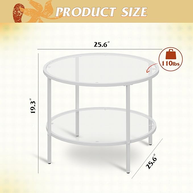 WLIVE Round Coffee Table, 25.6" Glass Coffee Table with Storage Shelf, Living Room Table with Clear Glass, Modern Center Table for Small Spaces Living Room, Apartment, Office, White