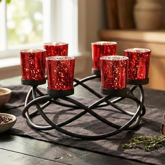 Seraphic Candle Holders for Table Centerpiece Decor, Indoor/Outdoor, Red | Gothic, Halloween & Christmas Decor, Patio Umbrella Centerpiece, Round Wrought Iron 6 Votive Holders, 10.5in Round