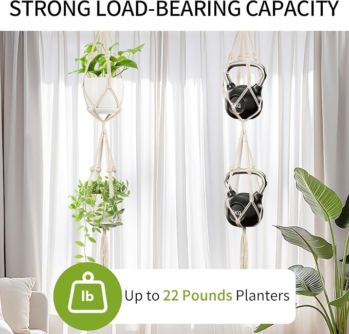 Macrame Plant Hanger - Fits 4-8 Inch Pots, 2 Tier+3 Tier Hanging Planter Holder for Indoor Outdoor, Cotton Rope with Tassels Boho Home Decor, 49+72 Inch, Set of 2, Ivory